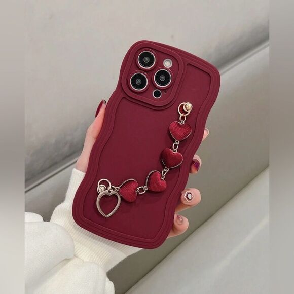 Elegant Burgundy Heart Chain Case for iPhone 16 Pro Max - Picture 1 of 5